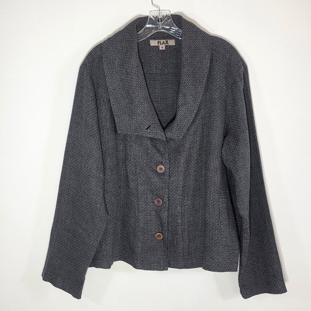 FLAX Womens Linen Jacket Large Charcoal Gray Button Up Collared Lagenlook